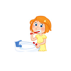 Daily routine of a little girl with ginger hair - Brushing teeth - Isolated illustration	

