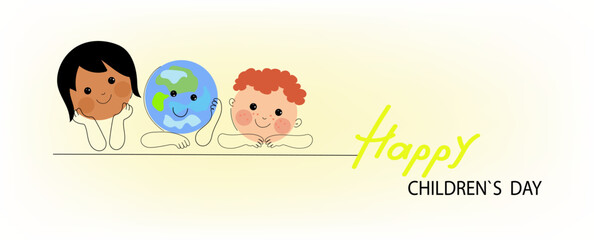 Social media horizontal banner template for World children's day. Funny planet character with happy baby boy , asian baby girl. Vector flat cartoon doodle banner. 