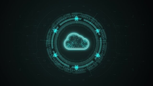 Motion graphic of Blue digital cloud computing logo and data stroage system with rotation HUD circle technology interface and futuristic elements abstract background