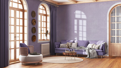 Scandinavian vintage living room in white and purple tones. Fabric sofa and parquet, decors and...
