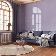 Wooden retro living room in white and purple tones. Fabric sofa, parquet, decors and wall mockup. Farmhouse interior design