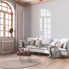 Wooden retro living room in white and bleached tones. Fabric sofa, parquet, decors and wall mockup. Farmhouse interior design