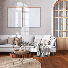 Classic vintage living room in white and beige tones. Fabric sofa, parquet and frame mockup. Farmhouse interior design