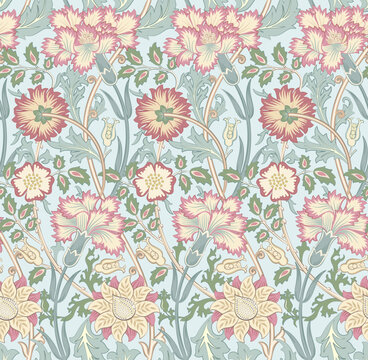 Floral seamless pattern with flowers on light blue background. Vector illustration.