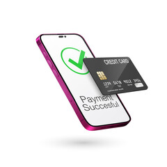 Vector 3d Realistic Pink Smartphone, Credit Card, Wi-Fi Successful Payment. Concept of Payment for Purchases by Card, Online Shopping. Design Template, Bank POS Terminal, Mockup. Processing NFC Device