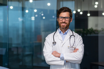 Portrait of mature doctor with beard, man in white medical coat smiling and looking at camera with...