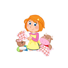 Daily routine - Little girl and her toy friends in the kitchen - Dishwashing - Illustration - png file