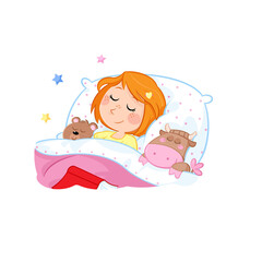 Kids and daily routine actions - Adorable little girl with light ginger hair sleeping in the bed with her toys - Illustration - png file	
