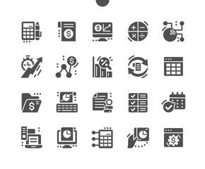 Digital accounting. Search for profit. Deadline, charts and budget. Investment, statistics, business, growth and economy. Vector Solid Icons. Simple Pictogram