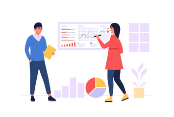 Market forecast, people analysing info chart and diagrams. Characters creating business marketing strategy. Financial analysis