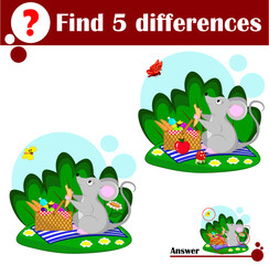 Educational game: Find differences. Cute mouse on a picnic in nature with a basket of food