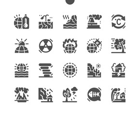 Climate change. Global warming. Hurricanes, tornado, tsunami. Temperature changes. Vector Solid Icons. Simple Pictogram