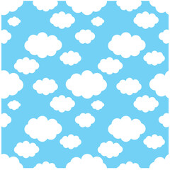 Seamless blue sky with white fluffy clouds.Texture or repeat pattern for wrapping paper or decoration.Wallpaper or banner.Cute background.Kids fabric.Flat design.Cartoon vector illustration.