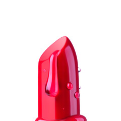 Beautiful red lipstick with water or gel moisturizer drops isolated on white, close up