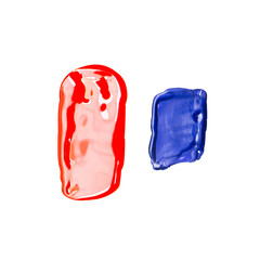 A drops of red and blue nail polishes with a glare isolated on a white background