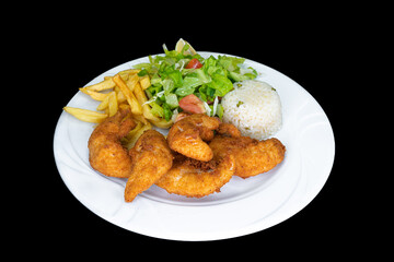 Fried chicken strips in a white plate on a black background