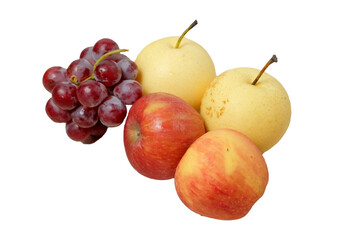 Assorted fresh fruit grapes apples and pears on a white background