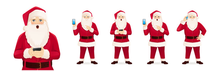 Cartoon Santa Claus character set in different poses. Holding mobile phone, talking, texting and showing empty screen. Vector Christmas illustration isolated on white background. 
