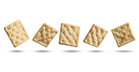 Group of dry crackers isolated on white background with shadow