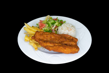 Chicken Schnitzel in a white plate on a black background