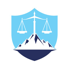 Mountains and symbols of justice. Law scale logo concept design.