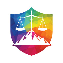 Mountains and symbols of justice. Law scale logo concept design.