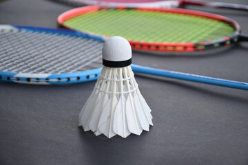 Cream white badminton shuttlecock and racket on floor in indoor badminton court, copy space, soft and selective focus on shuttlecocks.