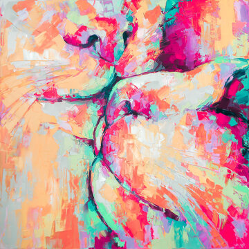 Kunik - oil painting. Conceptual abstract picture of kissing cats. Oil painting in colorful colors. Conceptual abstract closeup of an oil painting and palette knife on canvas.