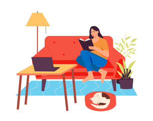 Women read books. Young female character sitting on sofa in cozy home atmosphere. Woman spending leisure time