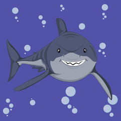 Smiling shark swims underwater. Cartoon vector illustration