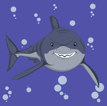 Smiling shark swims underwater. Cartoon vector illustration