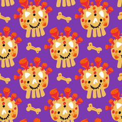 Seamless pattern with cartoon style skulls and bones for the Day of the Dead in Mexico. Vector texture