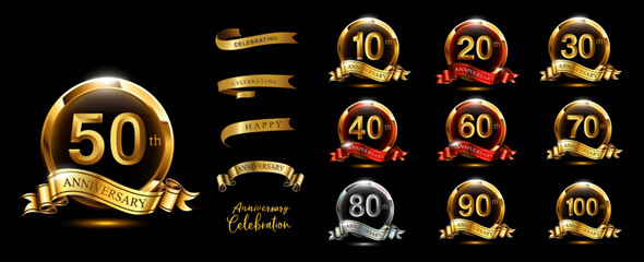 Set of anniversary logotype and gold ribbon. - obrazy, fototapety, plakaty