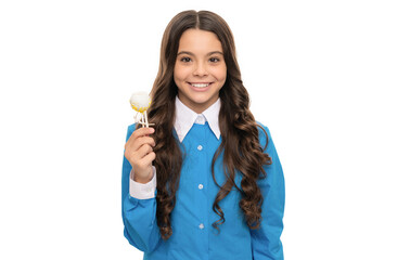Fototapeta na wymiar happy child long wavy hair hold chocolate candy on stick isolated on white, dental care