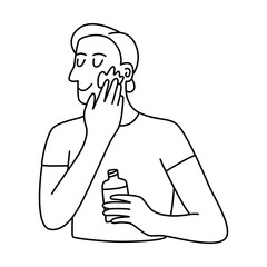 Vector doodle hand drawn  illustration of a man applying skincare treatment, skincare routine