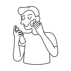 Vector doodle hand drawn  illustration of a man applying skincare treatment, skincare routine