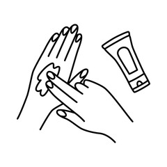 Vector doodle hand drawn illustration of hands applying skincare treatment, applying hand cream