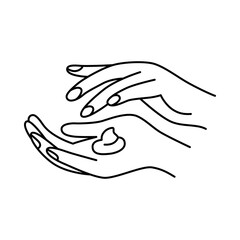 Vector doodle hand drawn illustration of hands applying skincare treatment, applying hand cream