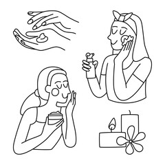 Set of vector doodle hand drawn illustrations of women applying skincare treatment