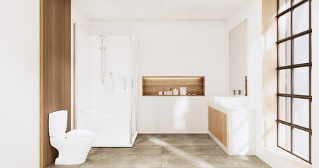 Fototapeta na wymiar The Bath and toilet on bathroom japanese wabi sabi style .3D rendering