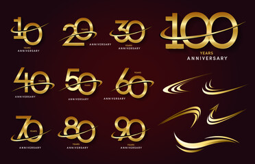 Set of anniversary logotype and gold ribbon.