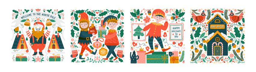 Obraz na płótnie Canvas Greeting card with Christmas elves, Santa and scandinavian decorations