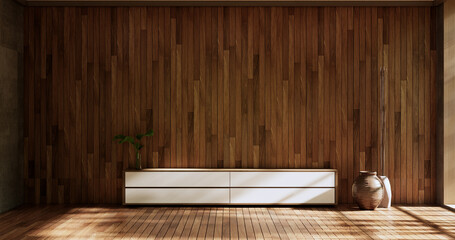Fototapeta na wymiar Empty wooden Cabinet on wooden room tropical style.3D rendering