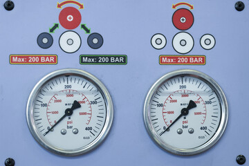 Analog pressure gauge. Measuring device close-up.