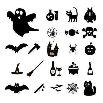 Scaring Pictograms or Icons Set: Pumpkin and Black Cat, Bat and Funny Chost and Other Symbols