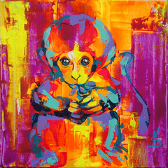 Conceptual abstract picture of the monkey. Painting in colorful colors. Conceptual abstract closeup of an oil painting and palette knife on canvas.