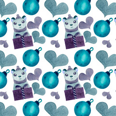 A watercolor teddy bear with a gift, with hearts and Christmas balls is presented. Watercolor Christmas pattern.