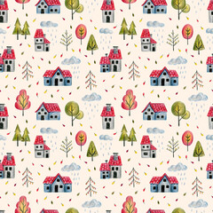 Seamless pattern drawn with colored pencils with cute colored houses with tiled roofs and autumn trees, clouds and rain, leaf fall. Hand-drawn ornament with houses, autumn leaves, trees and rain