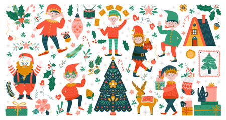 Big collection with Christmas elves, Santa Clause, holiday gifts, deer and scandinavian decorations