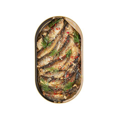 Isolated open tin of Baltic sprats in oil with spices on a transparent background. Snack - sea...